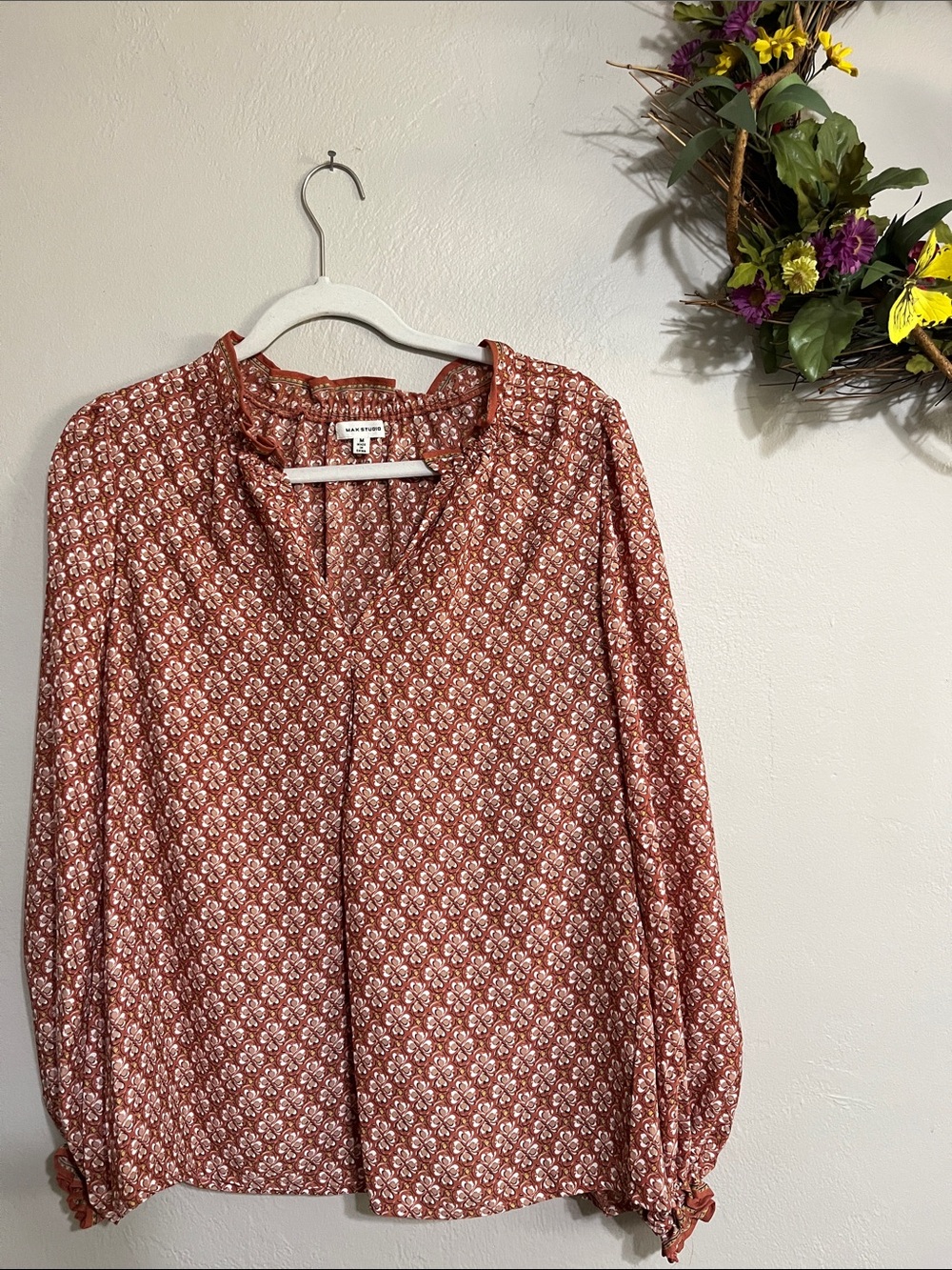 💐Max Studio Rust Floral Print Long-Sleeve Blouse
